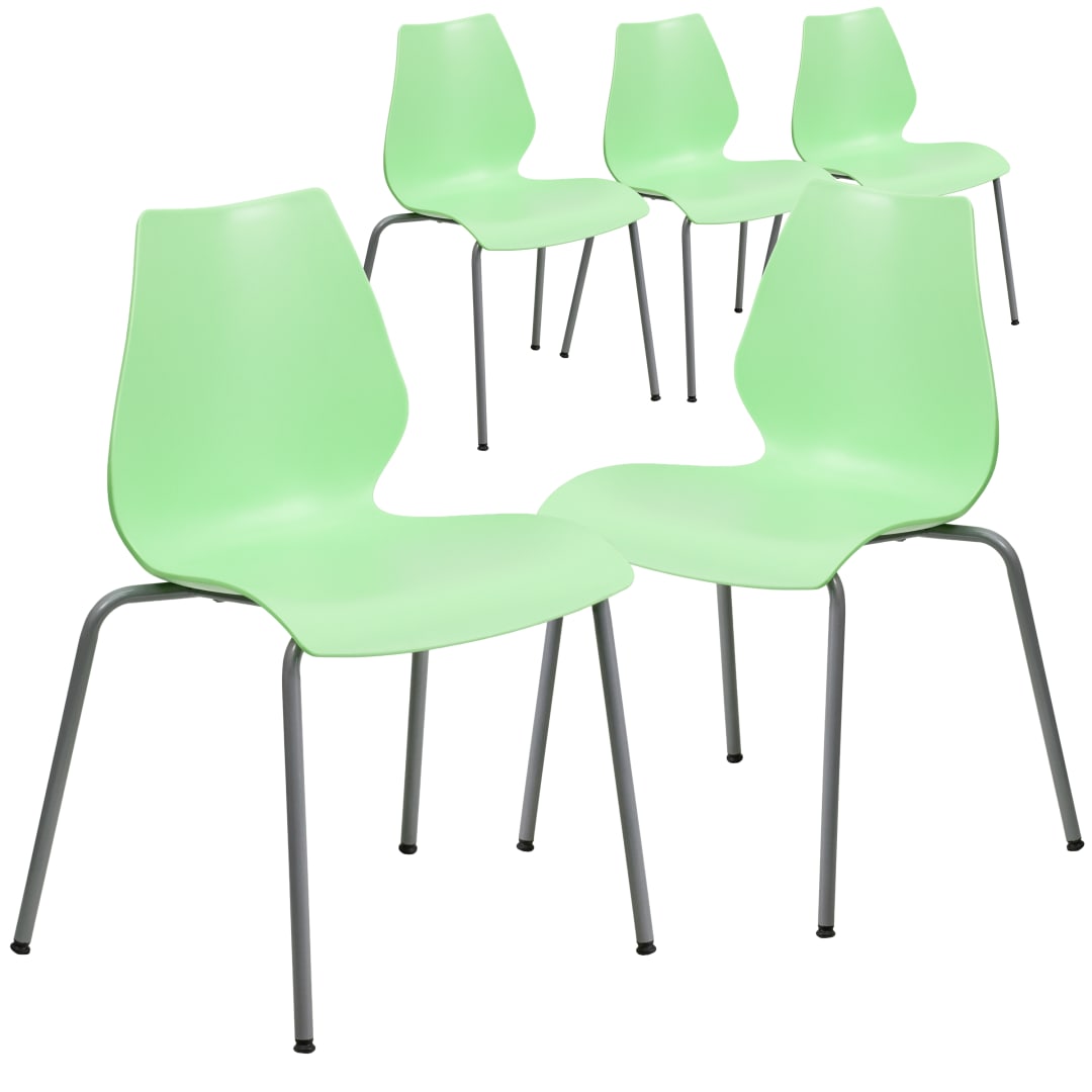 5 Pack HERCULES Series 770 lb. Capacity Green Stack Chair with Lumbar Support and Silver Frame