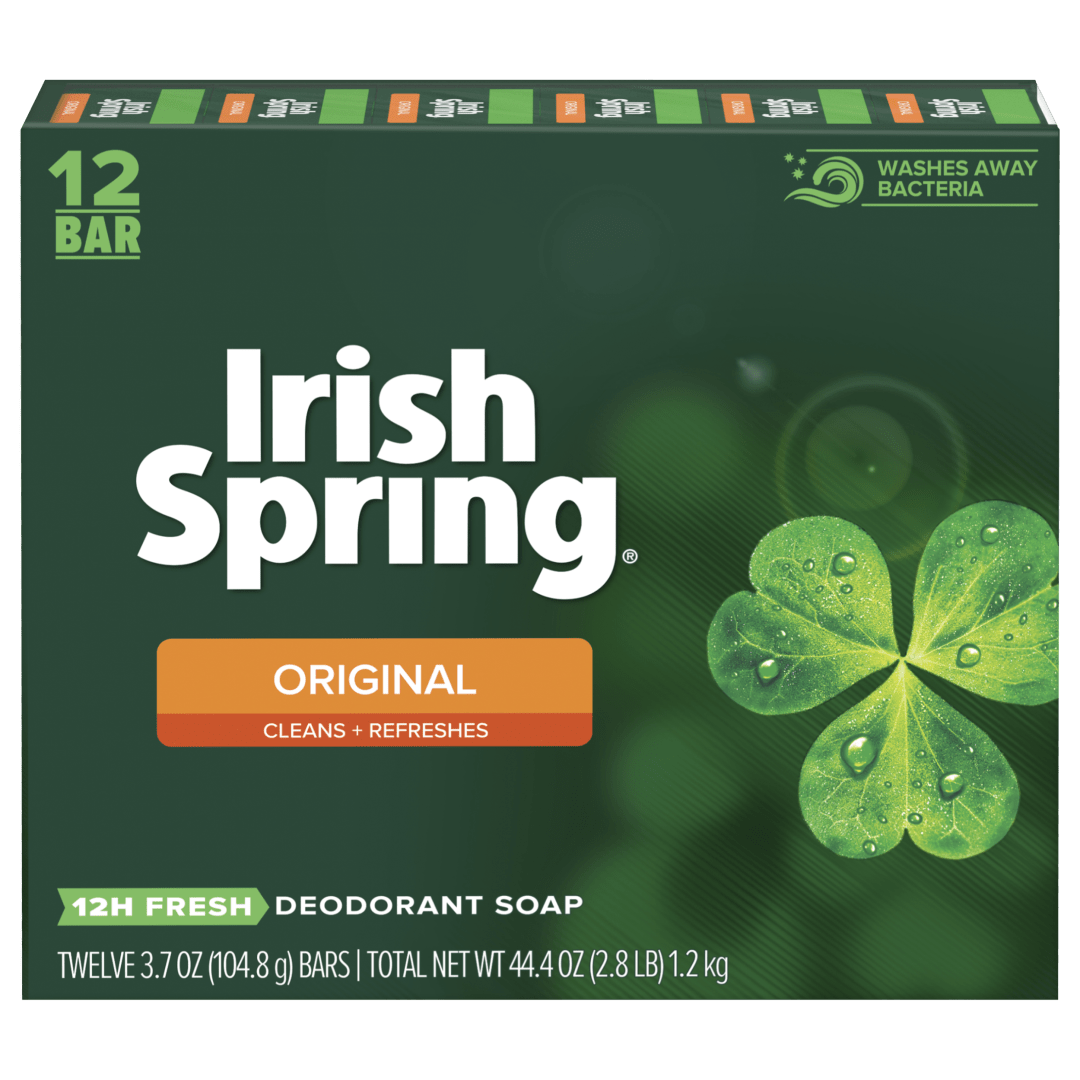 Irish Spring Original Mens Deodorant Bar Soap, Body and Hand Soap Bar Washes Away Bacteria, 3.7 Ounce, 12 Bars
