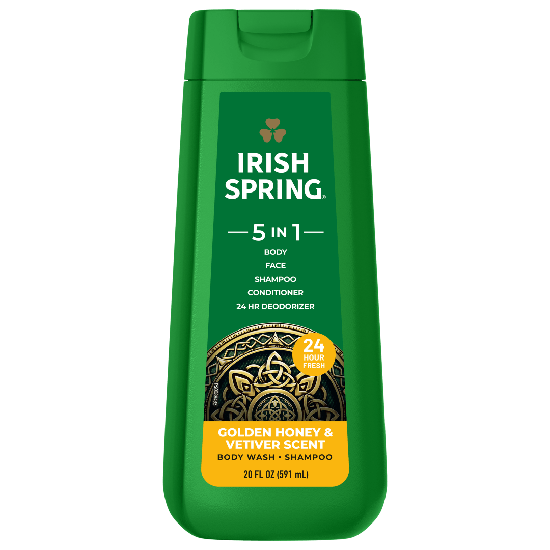 Irish Spring 5 in 1 Moisturizing Body Wash for Men, Shampoo, Conditioner, Body and Face Wash, and 24 Hour Deodorizer, Paraben-Free, Golden Honey & Vetiver Scent, 20 fl oz