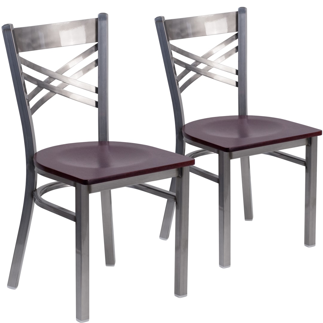 2 Pk. HERCULES Series Silver Antique Finish with Clear Coat ''X'' Back Metal Restaurant Chair - Mahogany Wood Seat