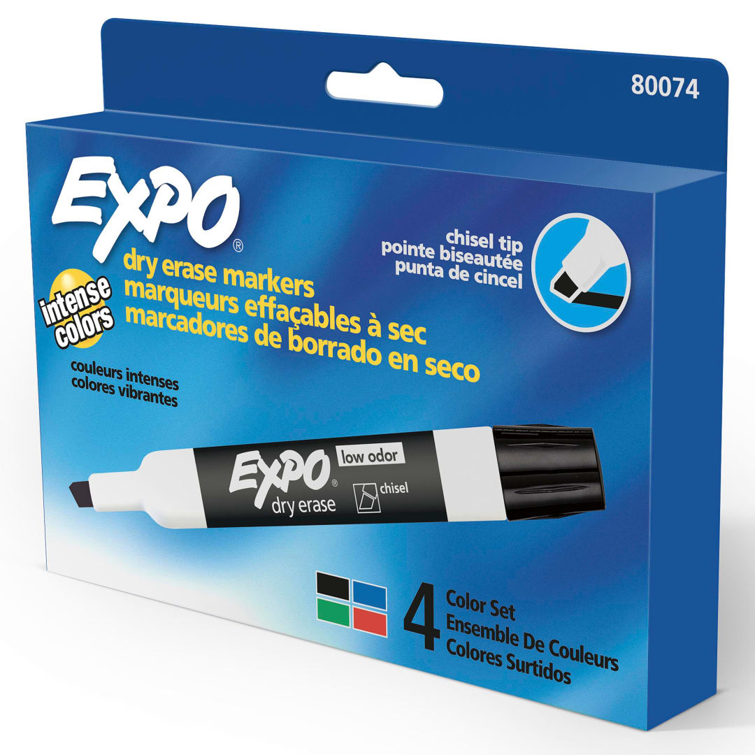 EXPO® Low Odor Dry Erase Markers, Chisel Tip, Assorted Colors, 4 Count