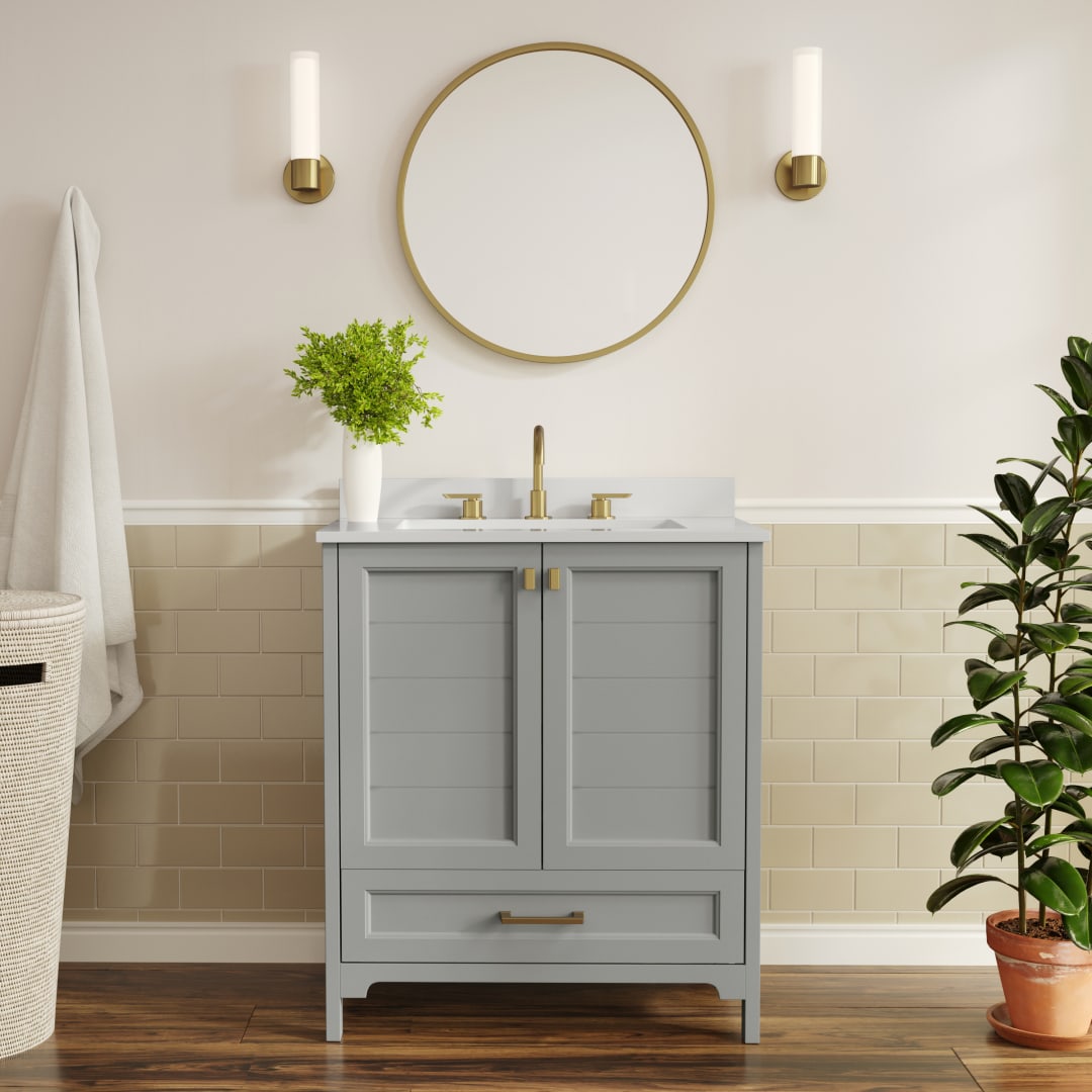 Haven 30" Bathroom Vanity with Sink, Storage Cabinet with Gold Hardware, Soft Close Doors and Bottom Drawer, Carrara Marble Finish Countertop, Gray