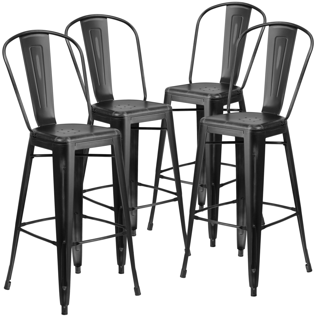 Blake Commercial Grade 4 Pack 30" High Distressed Black Metal Indoor-Outdoor Barstool with Back