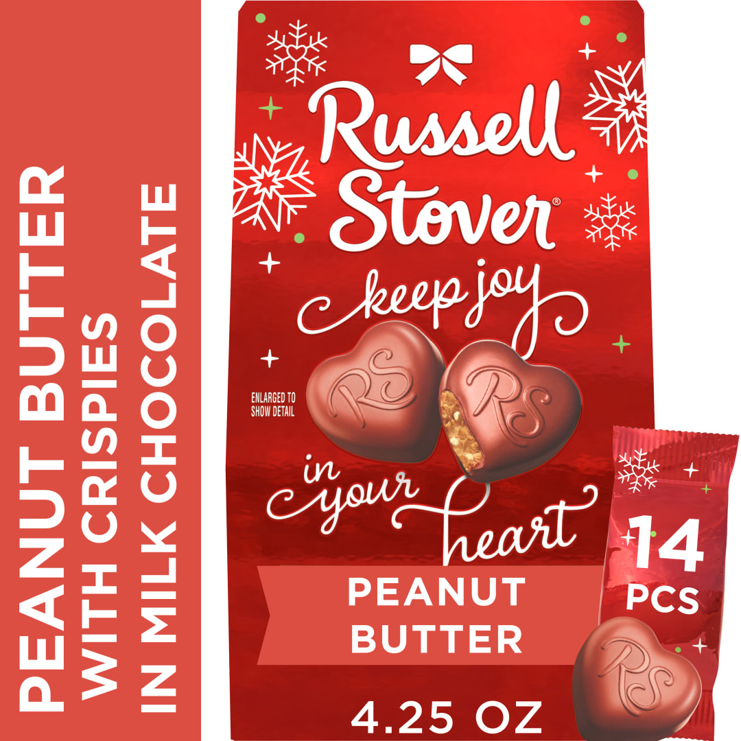 RUSSELL STOVER Christmas Peanut Butter with Crispies Hearts in Milk Chocolate Candy Gift Bag, 4.25 oz.