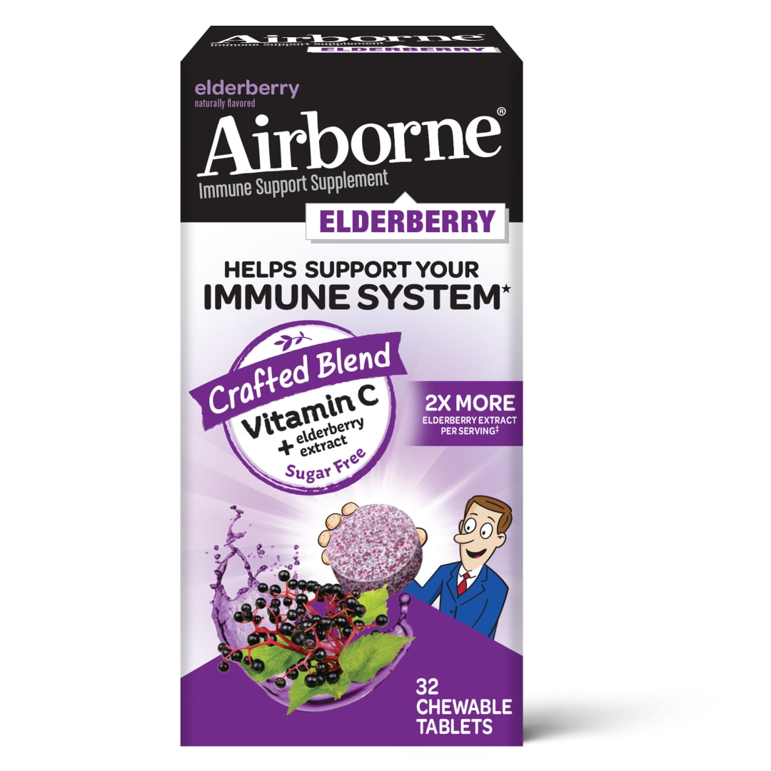 Airborne Holunderextrakt + Vitamin C Kaubare Tabletten (32 Stück), Nicht-GVO & Zuckerfreie Ergänzung, Natürlich Aromatisiert, Unterstützt ein gesundes Immunsystem٭