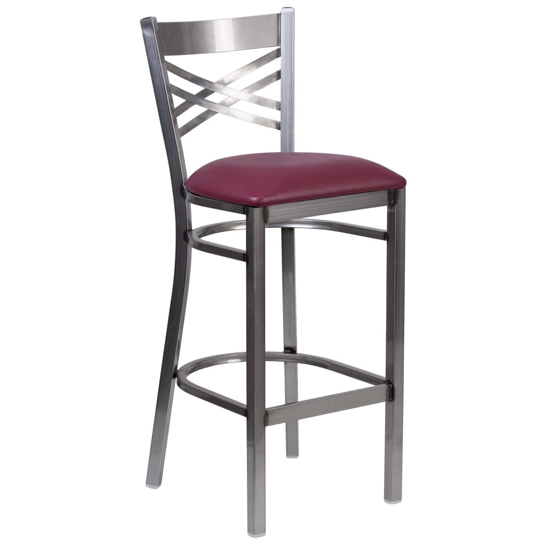 HERCULES Series Silver Antique Finish with Clear Coat ''X'' Back Metal Restaurant Barstool - Burgundy Vinyl Seat