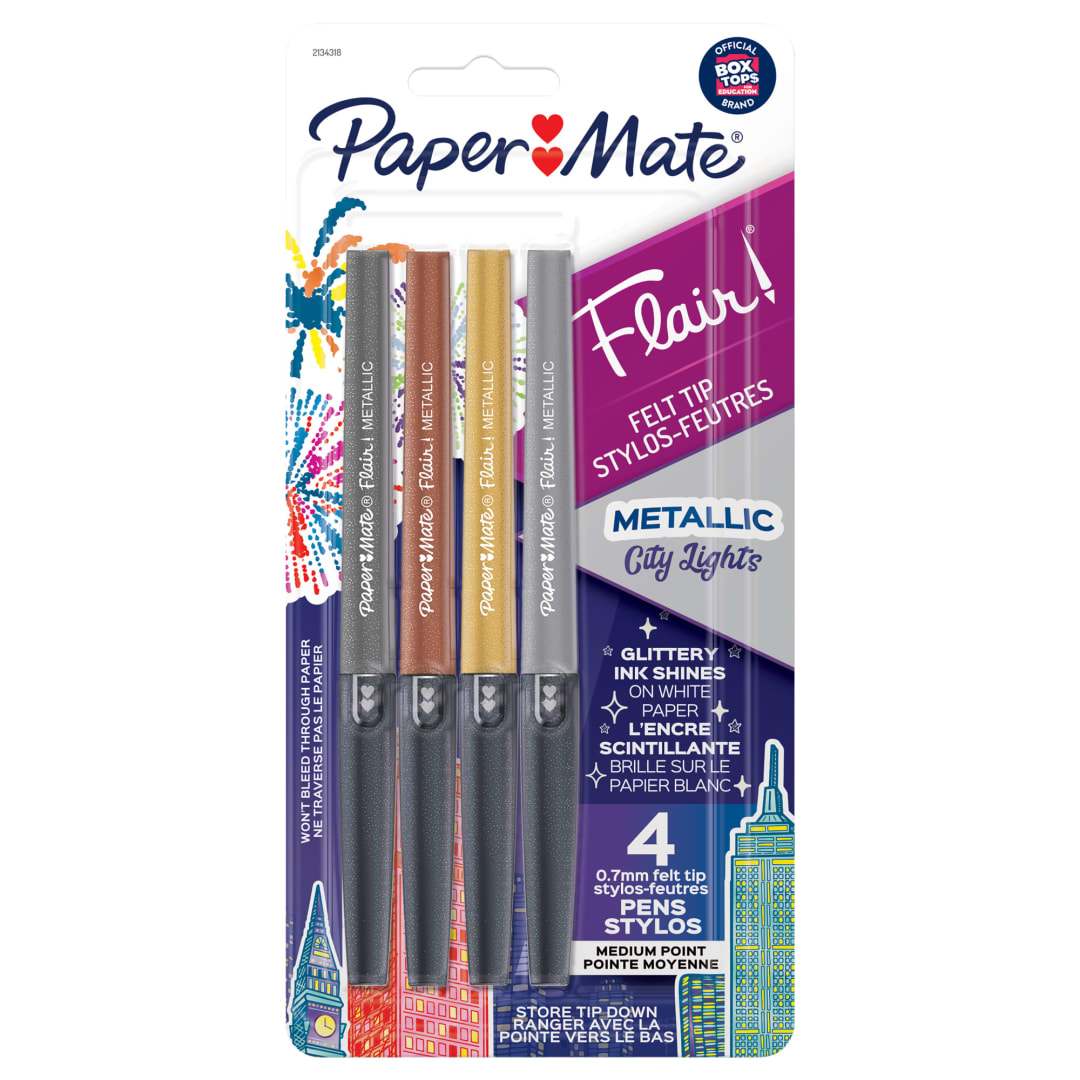 Paper Mate Flair Pens, Metallic Felt Tip Pens, City Lights, Glittery Ink Shines on White Paper, Assorted Colors, 4 Count