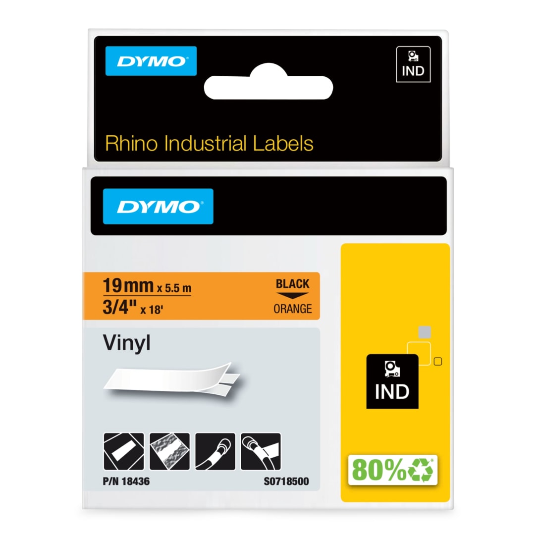 DYMO® Rhino Industrial Vinyl Labels, 3/4", Black Print on Orange Tape