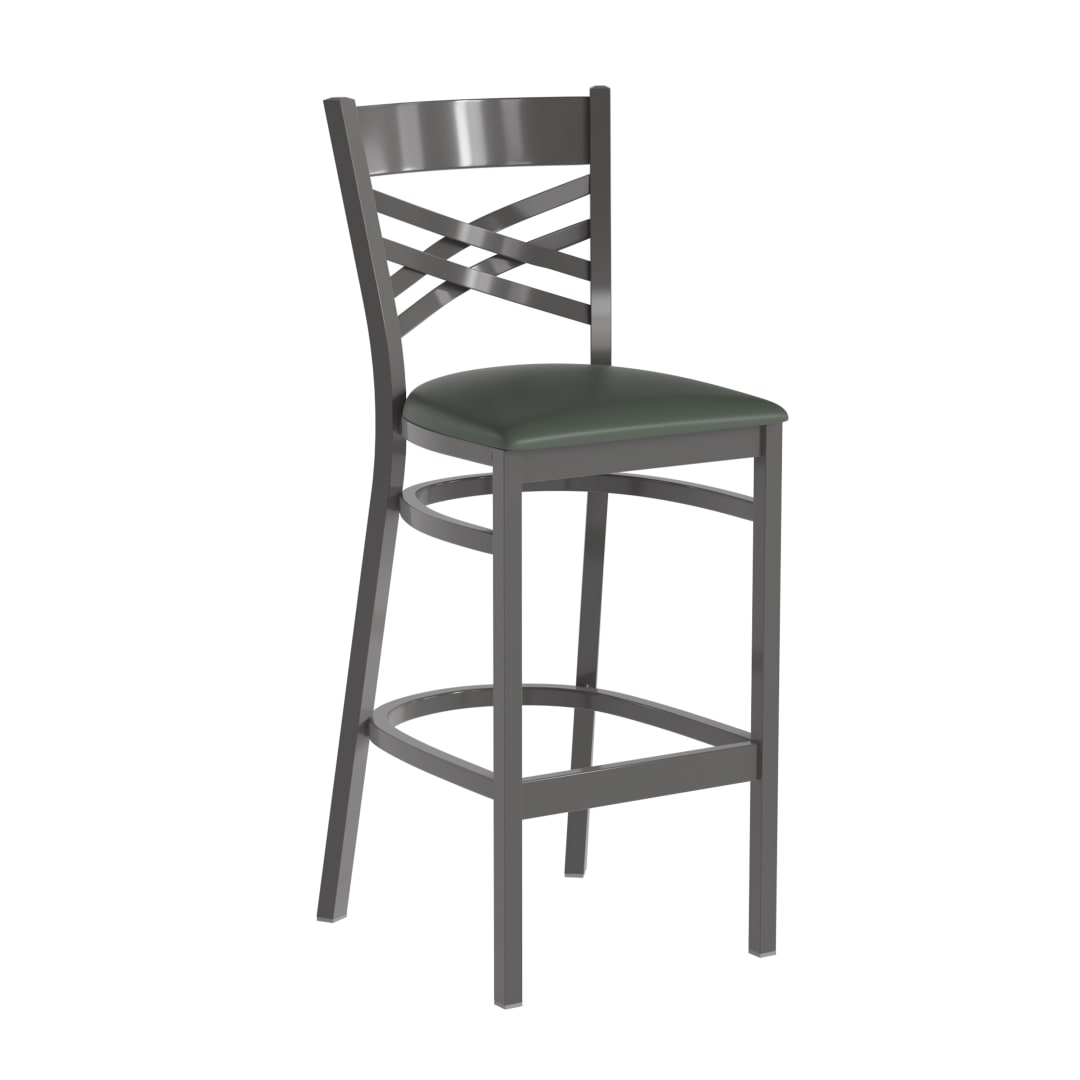 HERCULES Silver Antique Finish with Clear Coat ''X'' Back Metal Restaurant Barstool - Green Vinyl Seat
