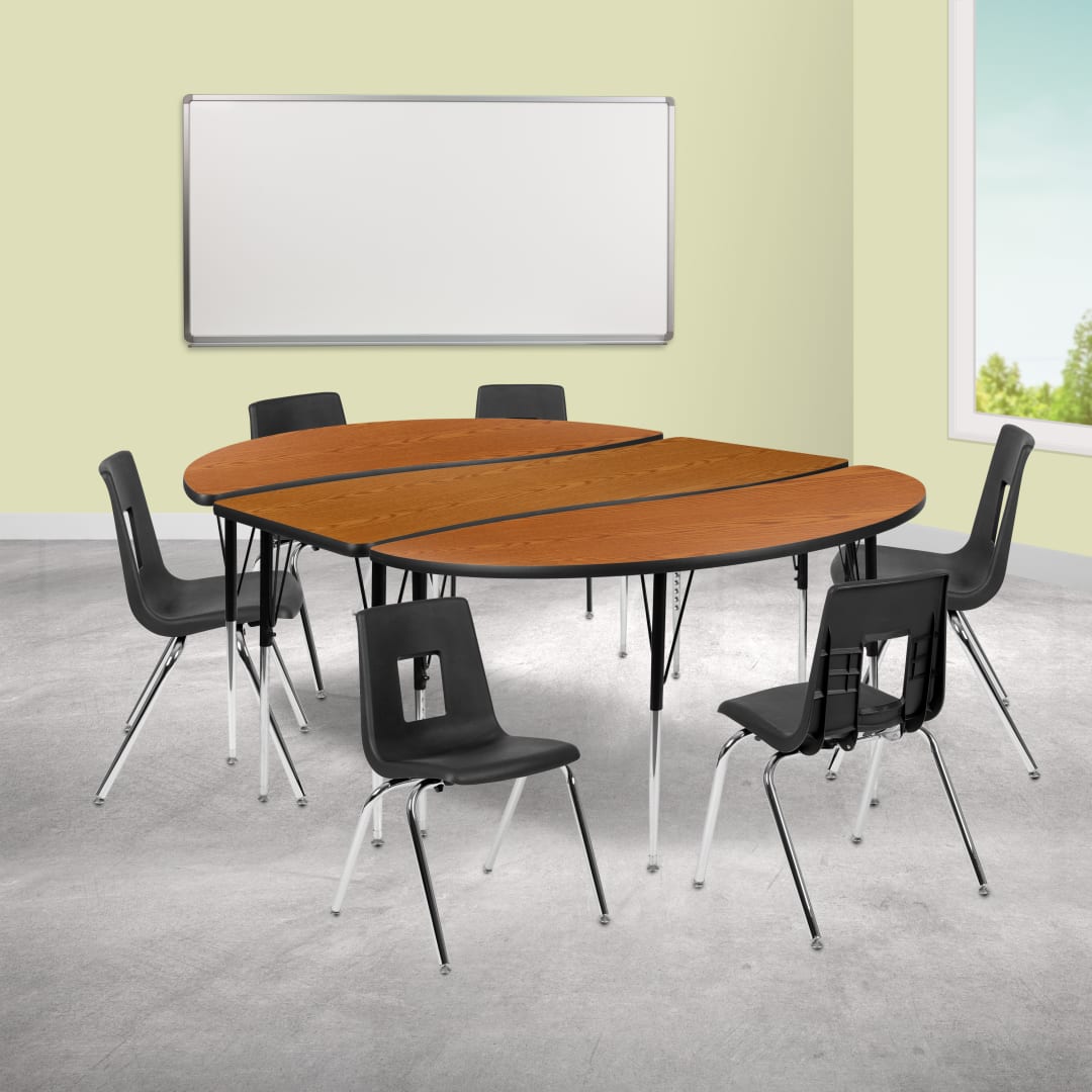 Emmy 86" Oval Wave Flexible Laminate Activity Table Set with 18" Student Stack Chairs, Oak/Black
