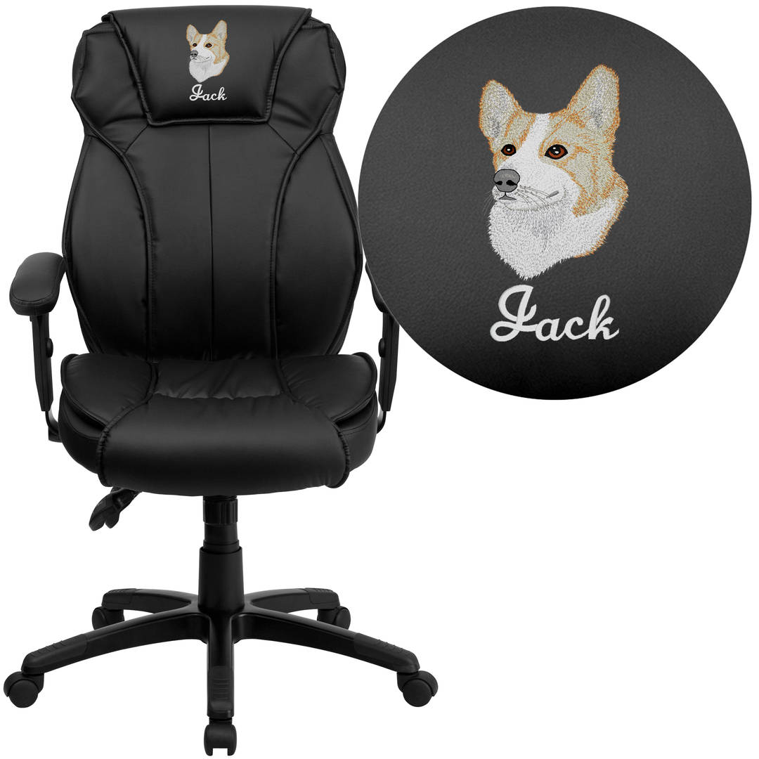 Hansel Embroidered High Back Black LeatherSoft Multifunction Executive Ergonomic Office Chair with Lumbar Support Knob and Arms