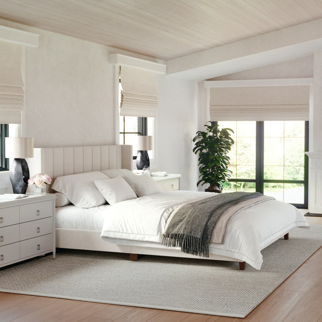 Kay King Upholstered Platform Bed with Channel Stitched Wingback Headboard and Cushioned Siderails, Wood Slat Foundation, No Box Spring Needed, Beige