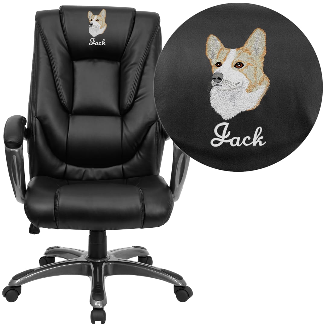 Oma Embroidered High Back Black LeatherSoft Layered Executive Swivel Ergonomic Office Chair with Smoke Metal Base and Arms