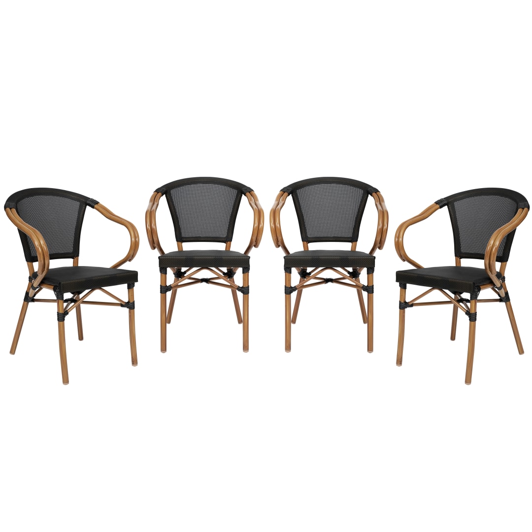 4 Pack Marseille Indoor/Outdoor Commercial Bistro Stacking Chair with Arms, Black Textilene and Bamboo Print Aluminum Frame in Natural