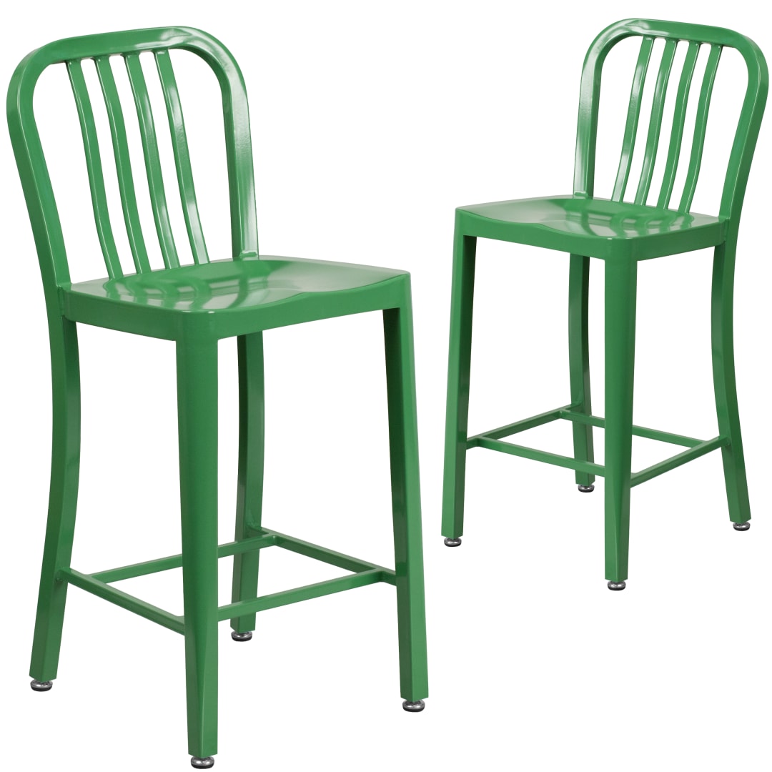 Gael Commercial Grade 2 Pack 24" High Green Metal Indoor-Outdoor Counter Height Stool with Vertical Slat Back