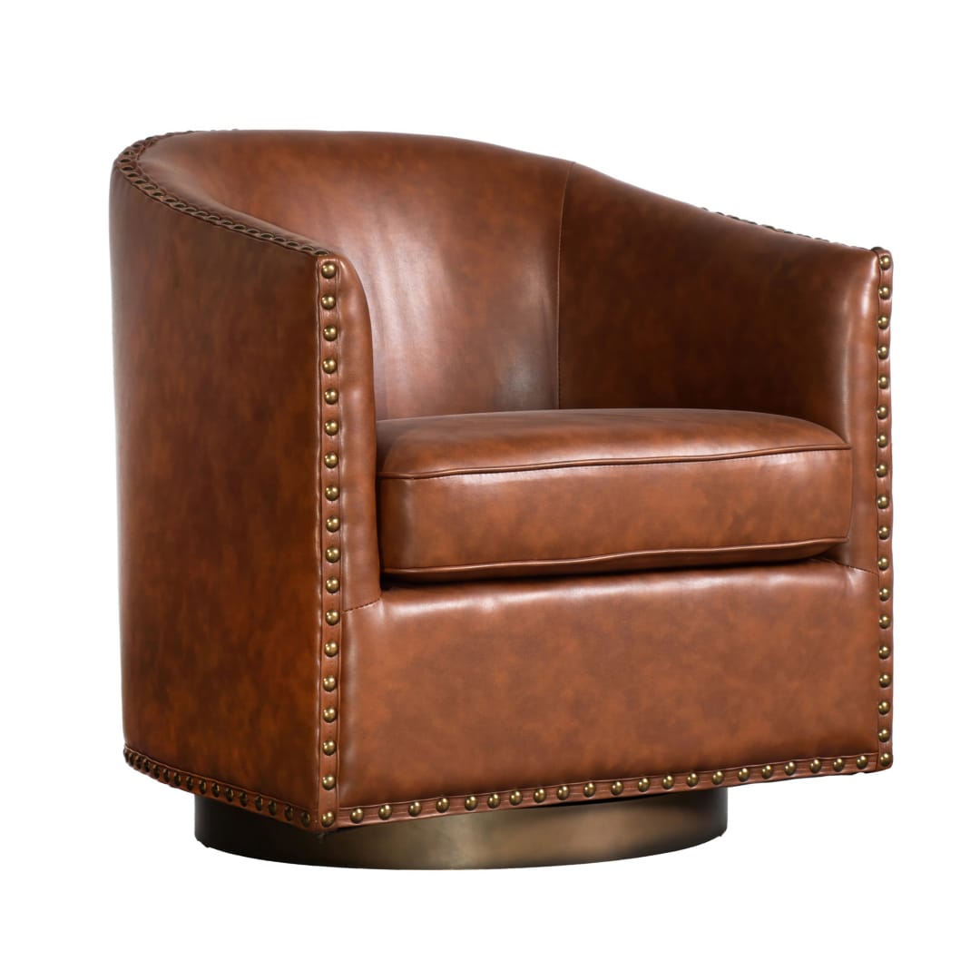 Myles Club Style Commercial Barrel Accent Armchair with 360° Swivel Metal Base and Brown Leathersoft Upholstery with Brass Decorative Nail Head Trim