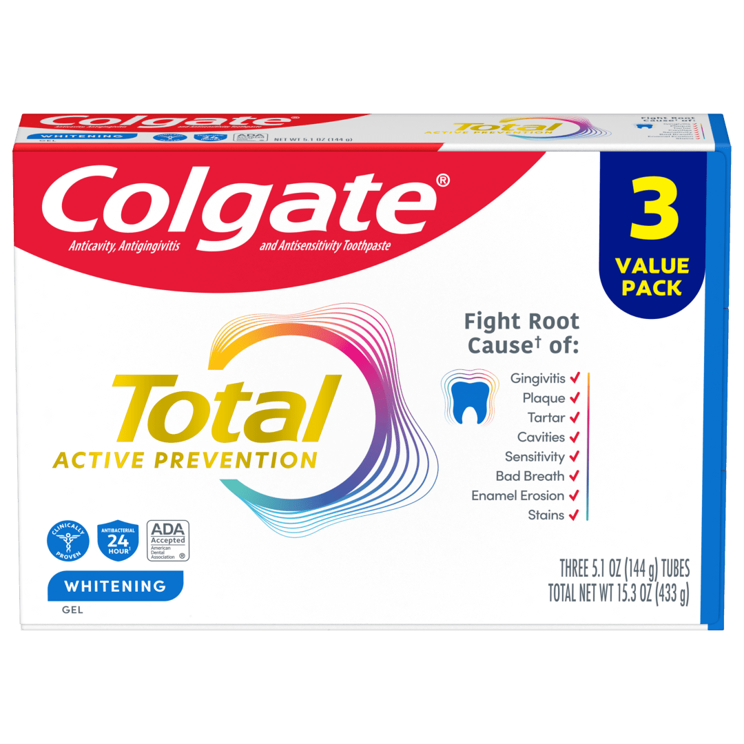 Colgate Total Active Prevention Whitening Gel Toothpaste, Mint, 3 Pack, 5.1 oz