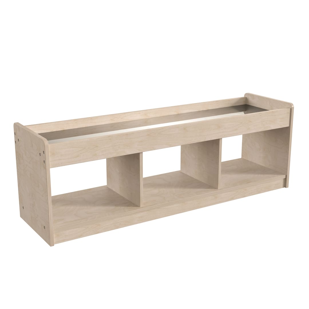 Bright Beginnings Commercial Grade Modular Wooden Classroom 2 Sided, 3 Section, Open Storage Unit with Mirrored Top and Raised Upper Edges, Natural