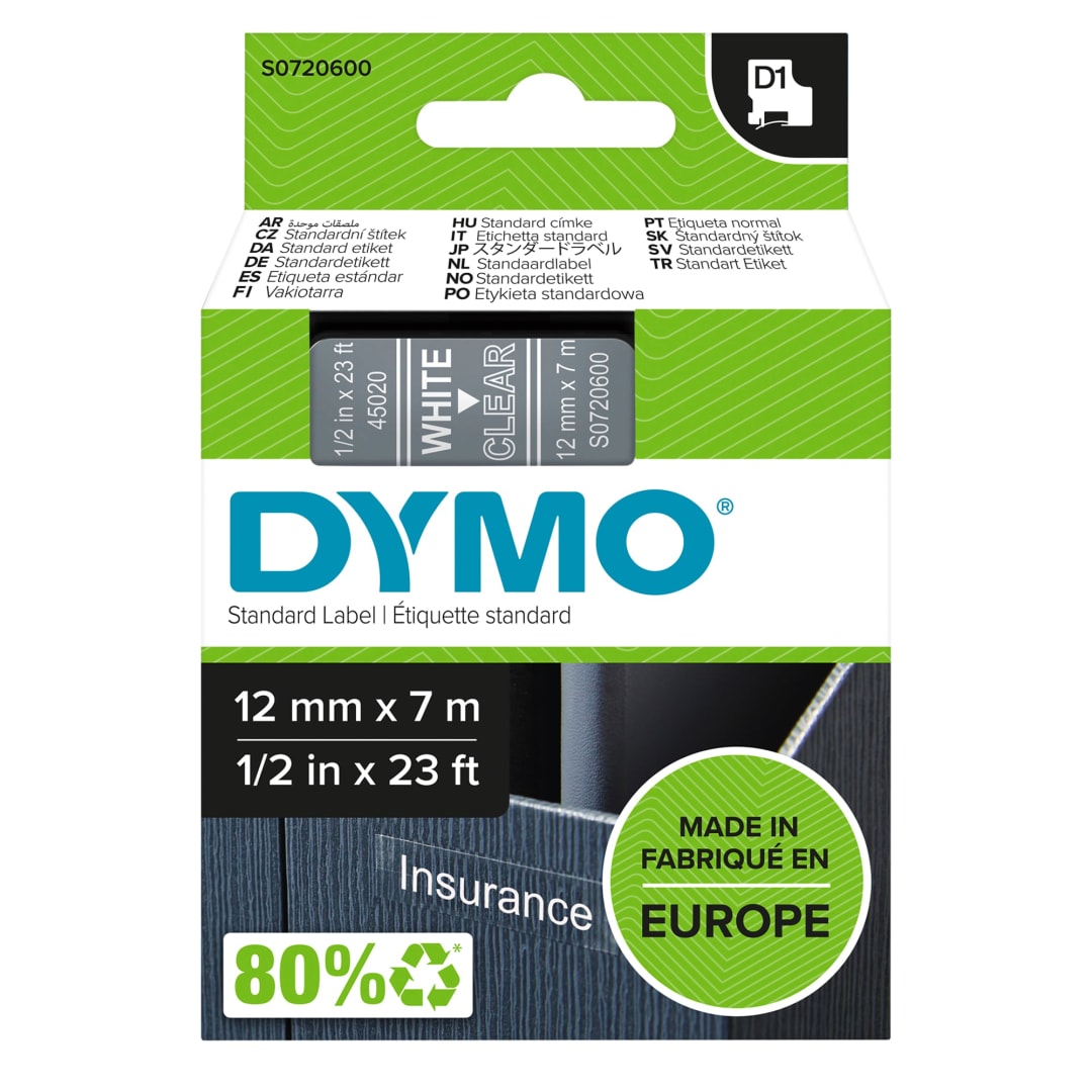 DYMO® Authentic D1 Labels | White Print on Clear Tape | 12 mm x 7 m | Self-Adhesive Labels for LabelManager Label Makers | Made in Europe