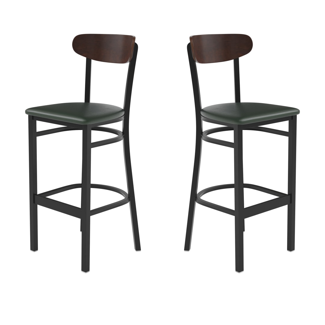Wright Set of 2 Commercial Barstools with 500 LB. Capacity Black Steel Frame, Walnut Finish Wooden Boomerang Back, and Green Vinyl Seat