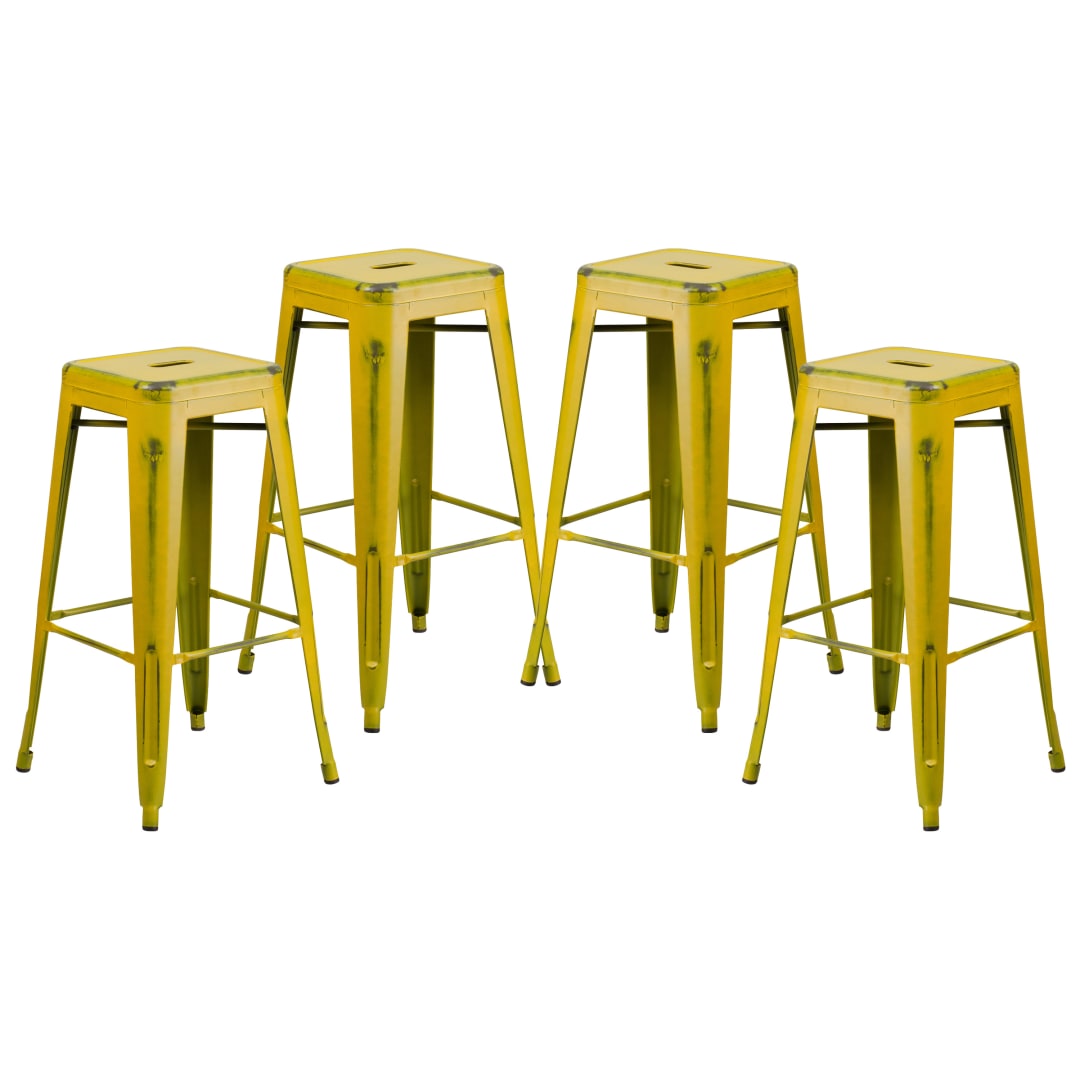 Kai Commercial Grade 4 Pack 30" High Backless Distressed Yellow Metal Indoor-Outdoor Barstool