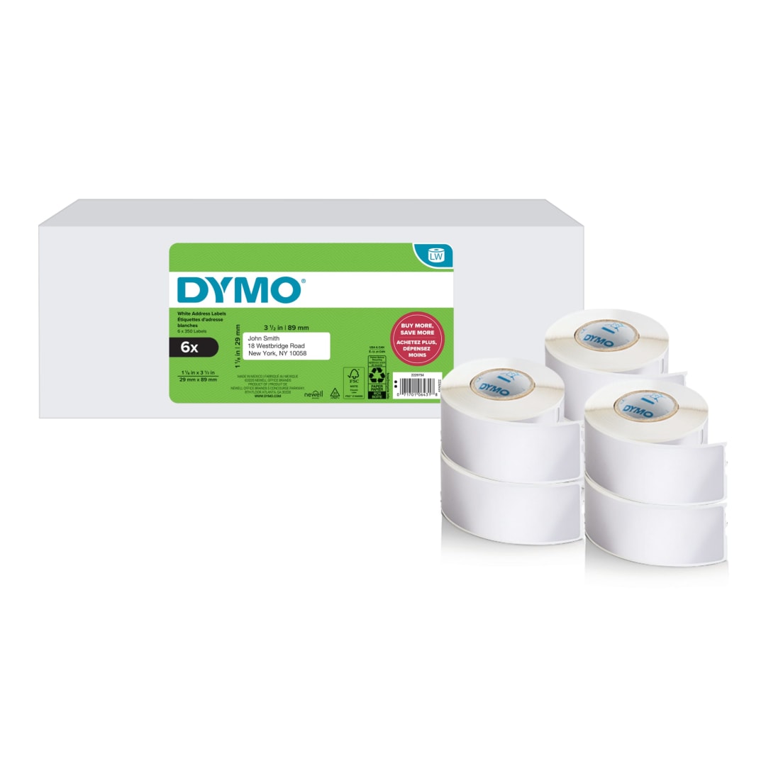 DYMO®-Branded LabelWriter Mailing Address Labels for LabelWriter Label Printers, White, 1-1/8" x 3-1/2", 6 rolls of 350 (2100 Total)