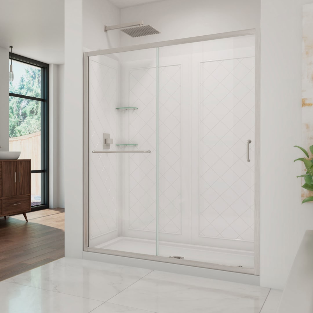 DreamLine Infinity-Z 32 inch D x 60 inch W x 76 3/4 inch H Semi-Frameless Sliding Shower Door in Brushed Nickel and Clear Glass, Shower Base, and Wall Kit in White