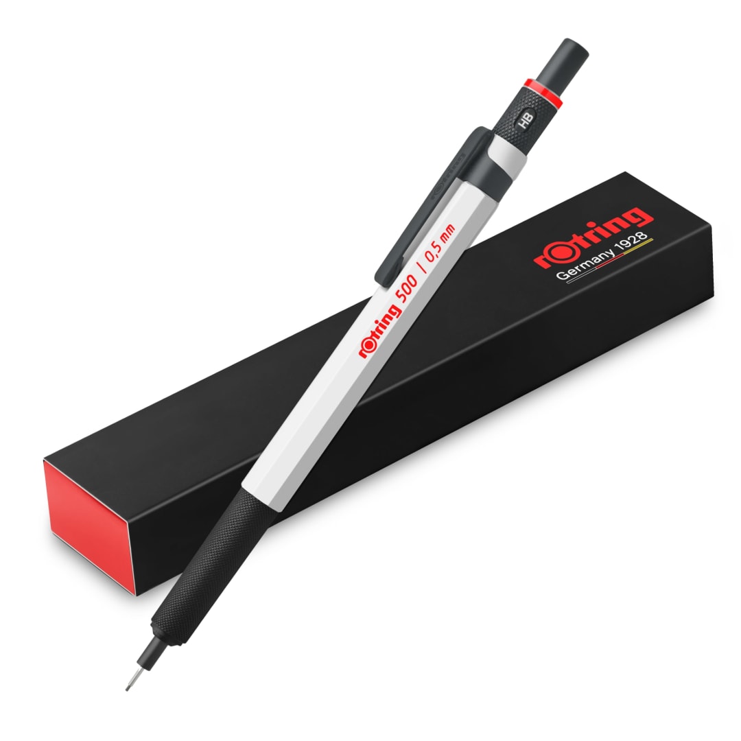 rOtring 500 Mechanical Pencil | 0.5mm HB Lead | White hexagonal plastic barrel and non-slip textured metal grip