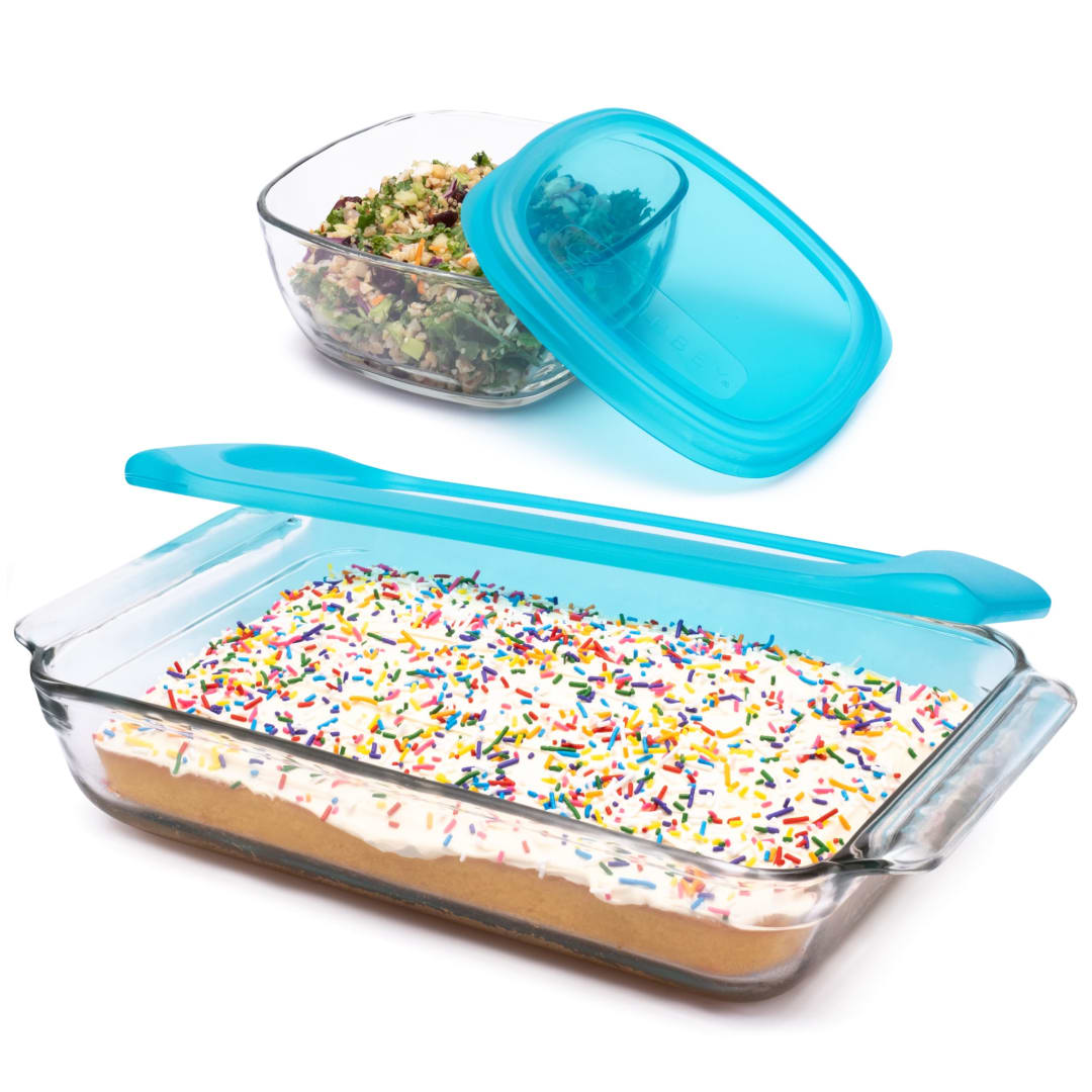 Libbey Baker’s Premium Bake & Store 4-Piece Glass Set with 9x13 Baking Dish and 6-Cup Storage Container with Blue Plastic Lids