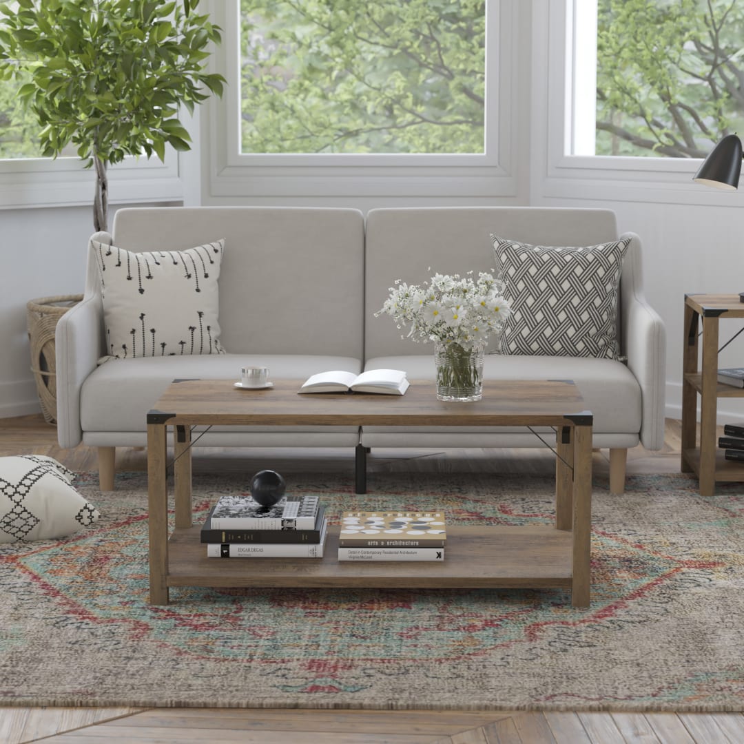 Wyatt Modern Farmhouse Wooden 2 Tier Coffee Table with Black Metal Corner Accents and Cross Bracing, Rustic Oak