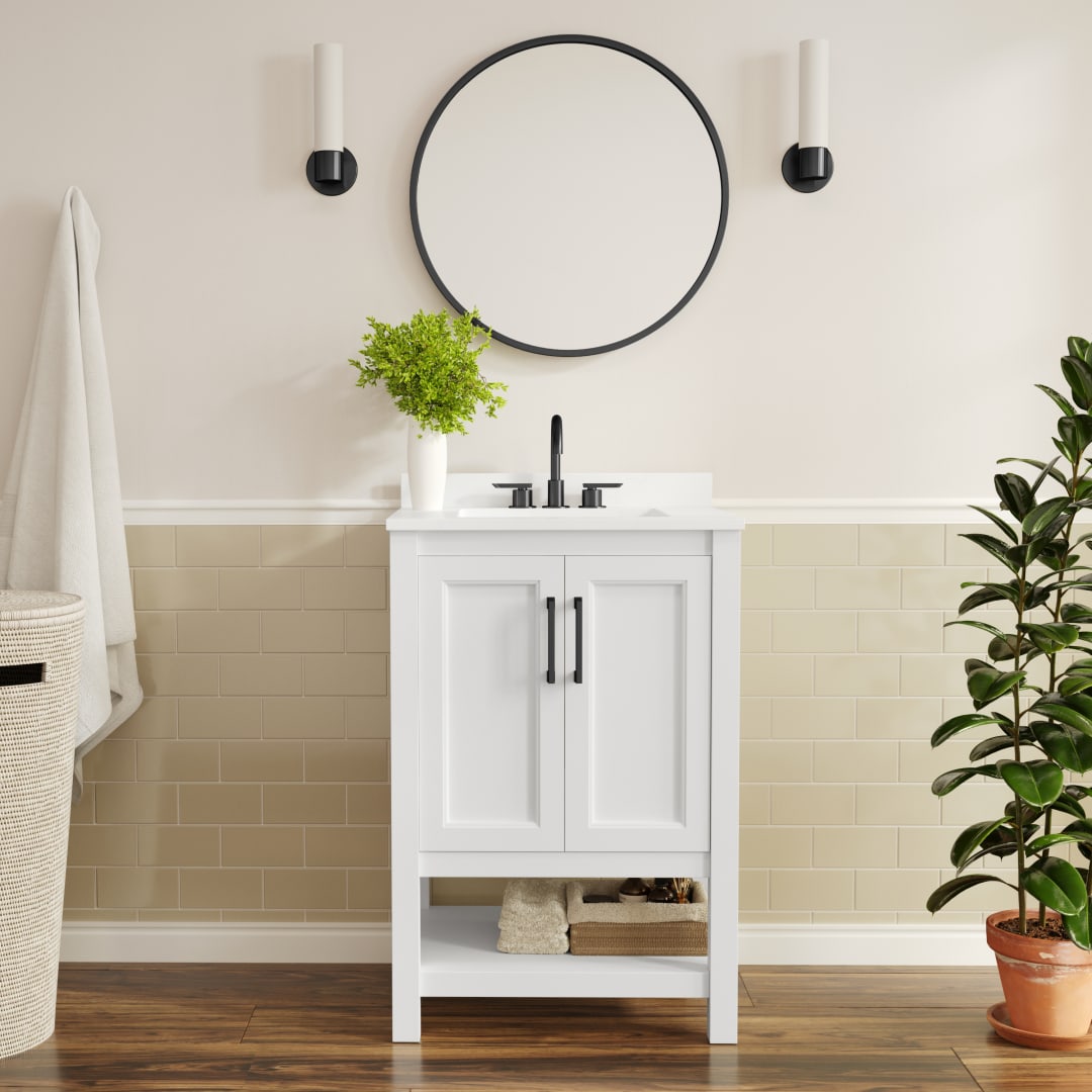 Vega 24" Bathroom Vanity with Sink, Storage Cabinet with Soft Close Doors &amp; Open Shelf, Carrara Marble Finish Counter &amp; Black Hardware, White/White