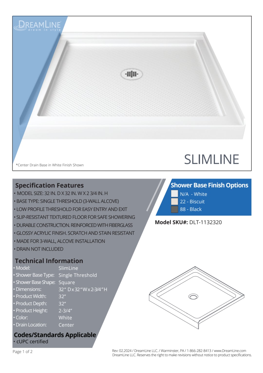 DreamLine SlimLine 32 inch D x 32 inch W x 2 3/4 inch H Center Drain ...