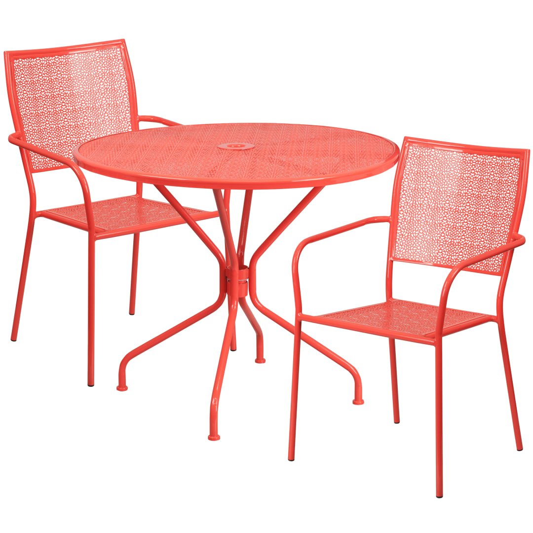 Oia Commercial Grade 35.25" Round Coral Indoor-Outdoor Steel Patio Table Set with 2 Square Back Chairs
