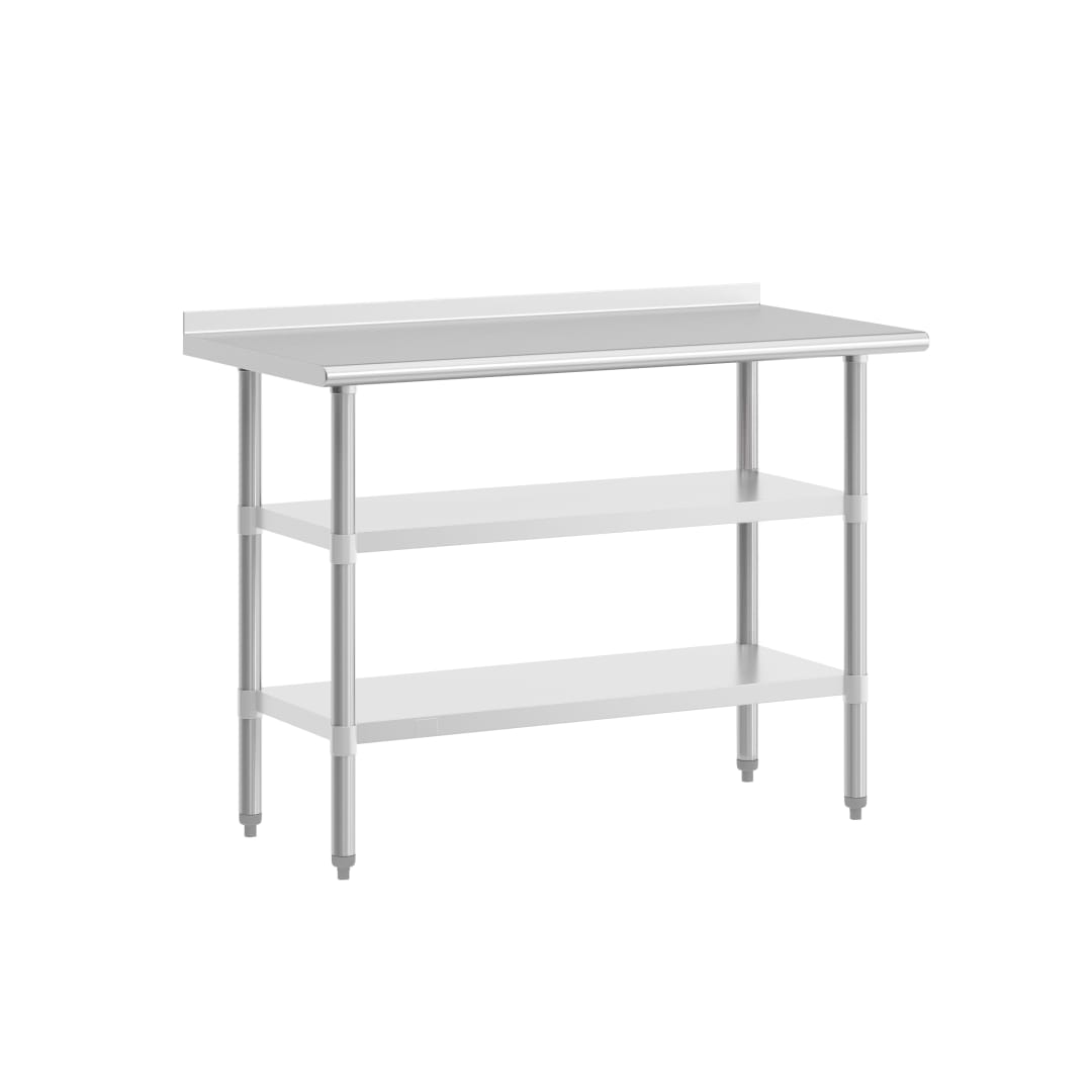 Hogan Stainless Steel 18 Gauge Work Table with 1.5" Backsplash and 2 Undershelves - 48"W x 24"D x 36"H, NSF