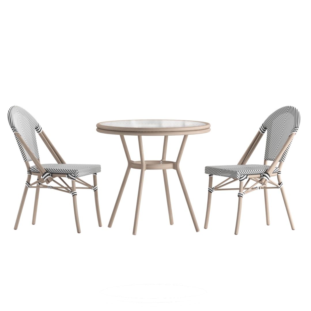 Marseille Indoor/Outdoor Commercial Bistro 31.5" Table, Black/White Textilene, Glass Top with 2 Stack Chairs - Light Natural