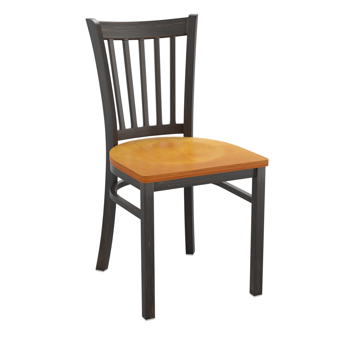 HERCULES Series Distressed Gold Vertical Back Metal Restaurant Chair - Natural Wood Seat
