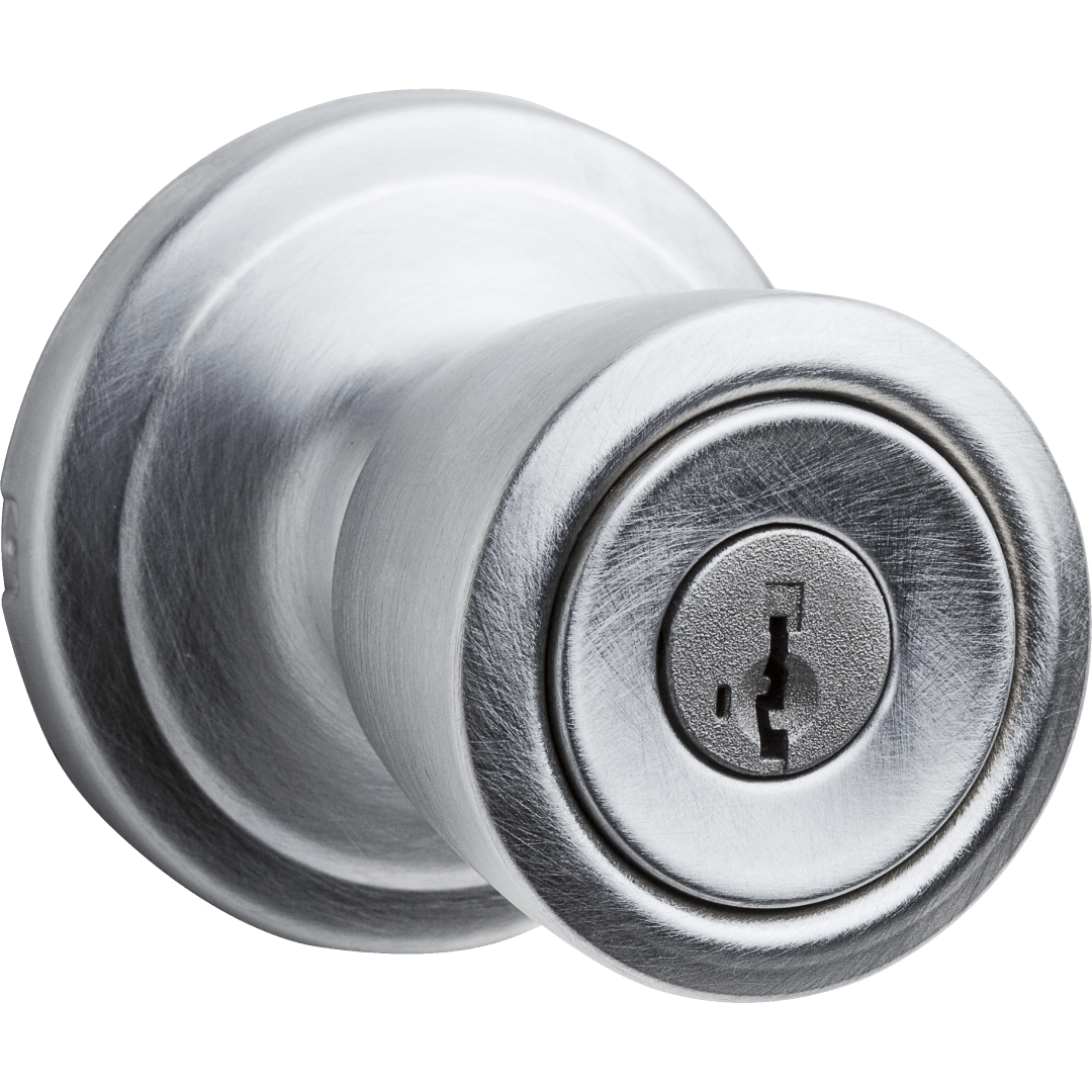 Abbey Keyed Entry Doorknob in Satin Chrome featuring SmartKey Security