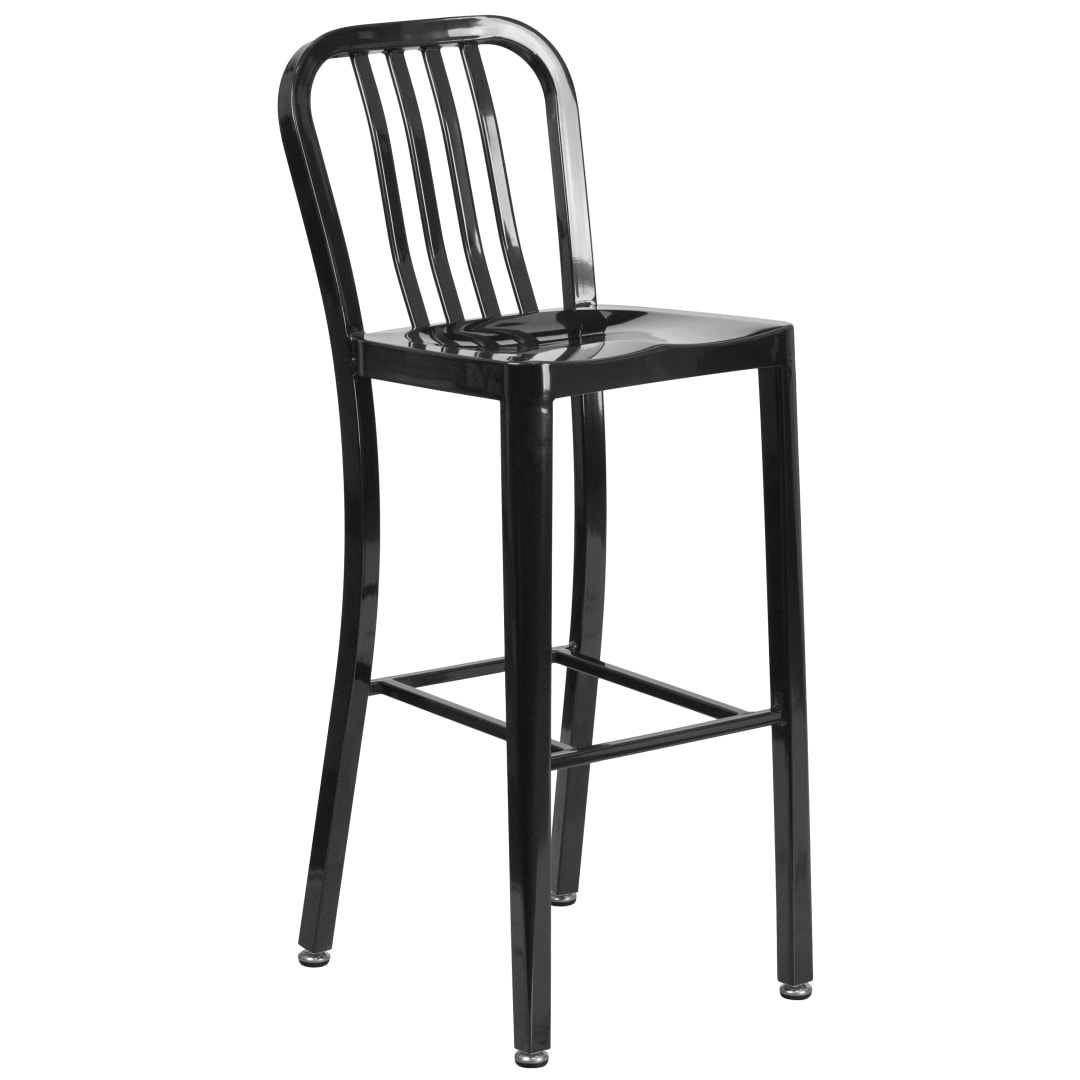 Gael Commercial Grade 30" High Black Metal Indoor-Outdoor Barstool with Vertical Slat Back