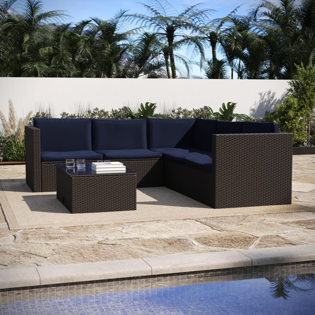 Roan Indoor/Outdoor L-Shaped Sectional with Coffee Table in Brown Wicker PE Rattan with Navy Cushions