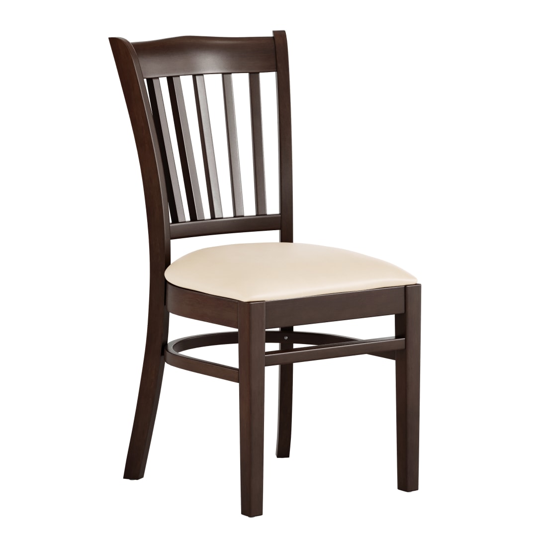 HERCULES Vertical Slat Back Walnut Wood Restaurant Chair - Tan Vinyl Seat
