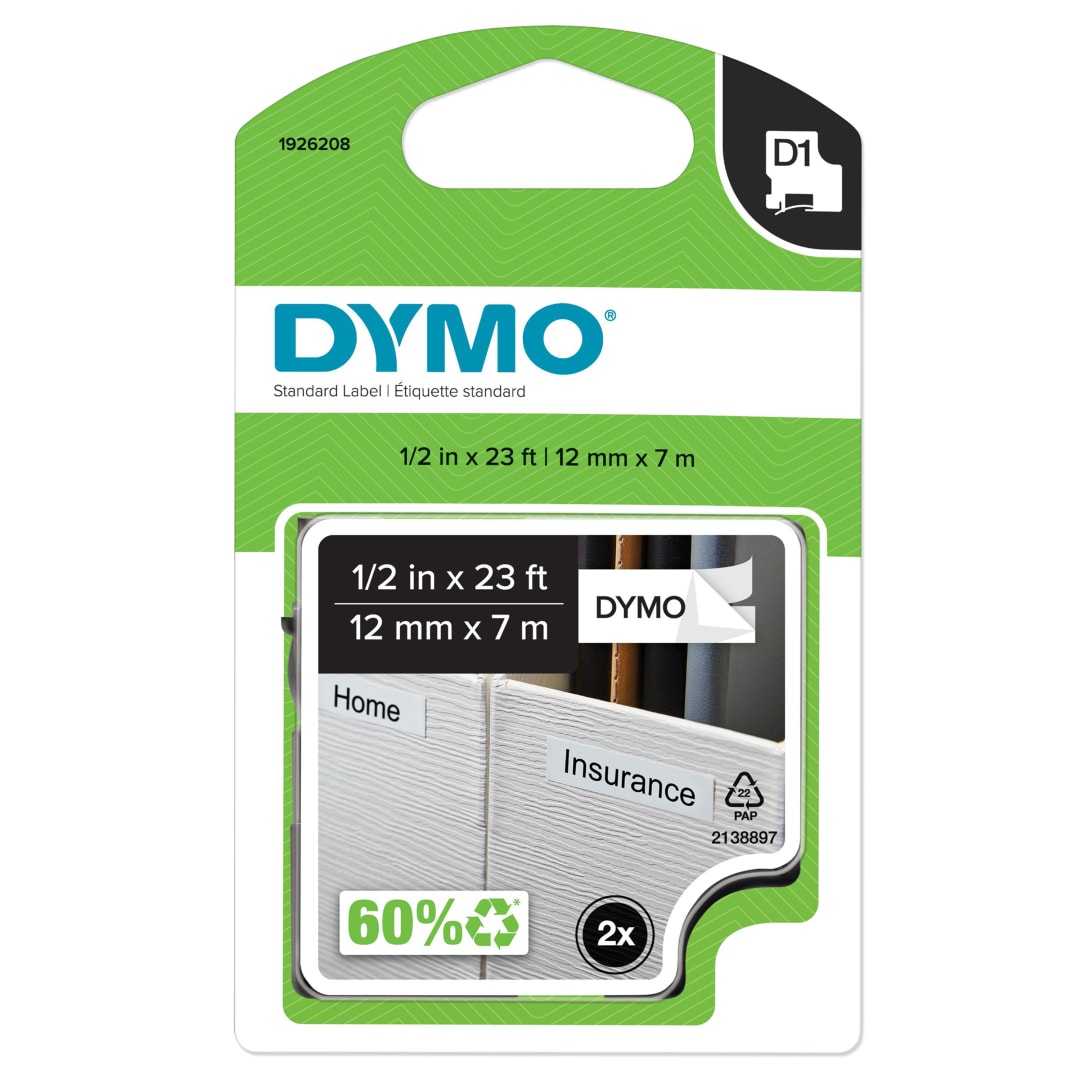 DYMO® Authentic D1 Labels For LabelManager Label Makers, 1/2-Inch x 23-Foot Roll, Black Print on White Tape, Self-Adhesive, 2-Pack