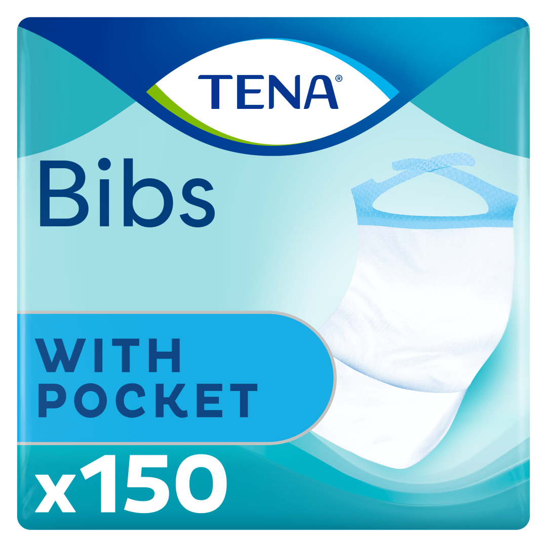 TENA ProSkin Bib for Adults - Disposable, Provides Protection During Meals, Fluid-Repellent Layer &amp; Front Pocket for Spills, Adjustable Neck Band, 37 cm x 48 cm, S/M, Pack of 150