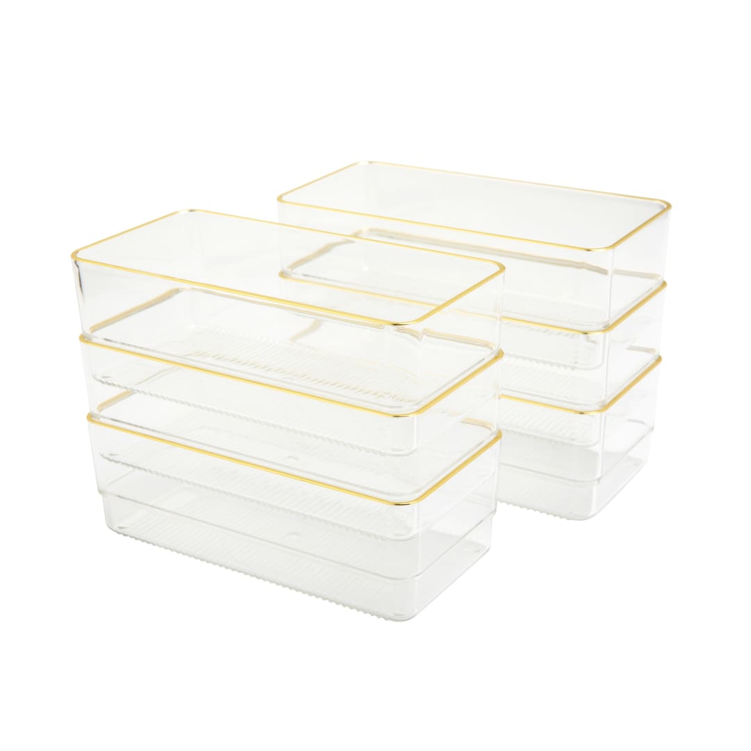 Kerry 6 Pack Plastic Stackable Office Desk Drawer Organizers with Gold Trim, 6" x 3"