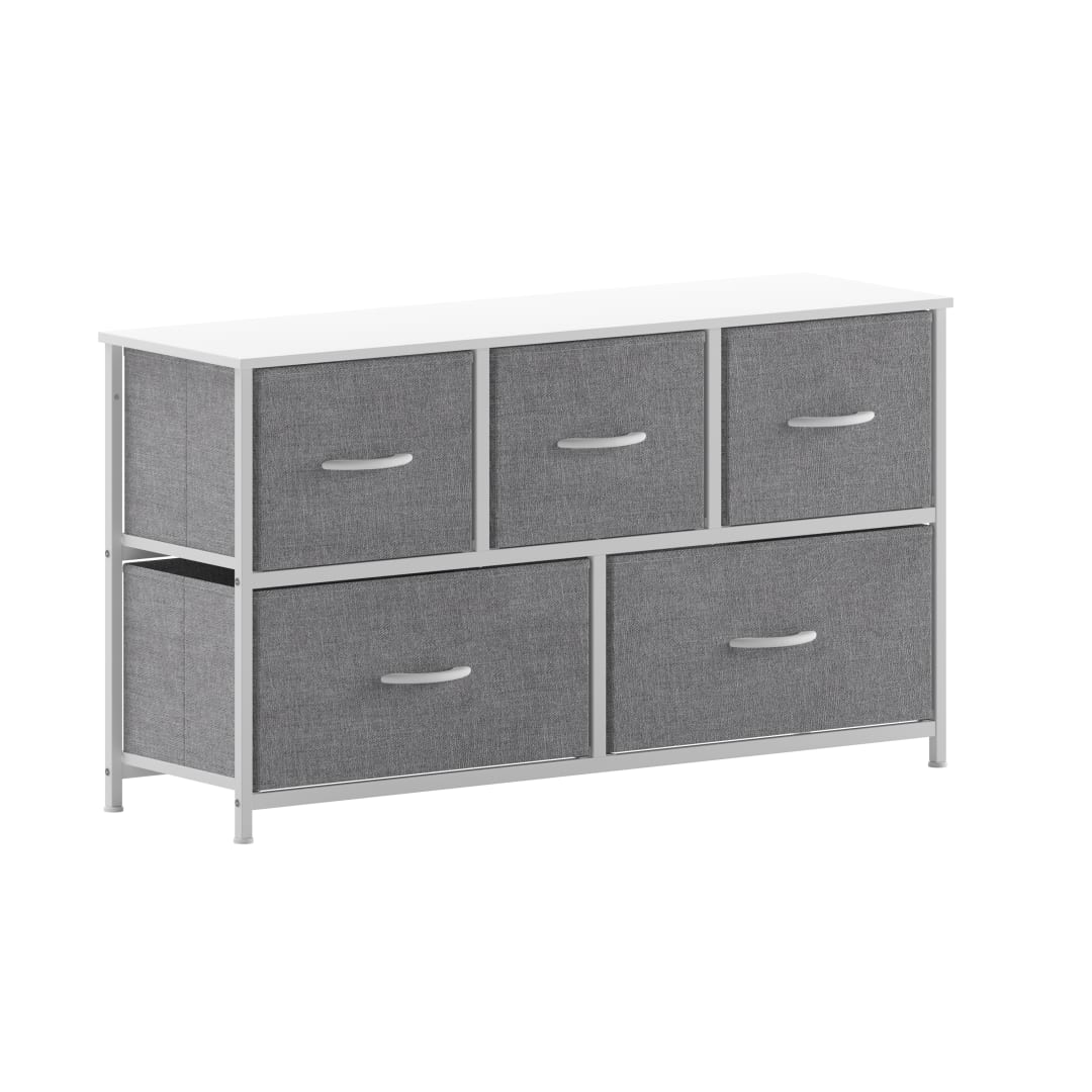 Harris 5 Drawer Vertical Storage Dresser with White Cast Iron Frame, White Wood Top and Gray Easy Pull Fabric Drawers with White Wooden Handles
