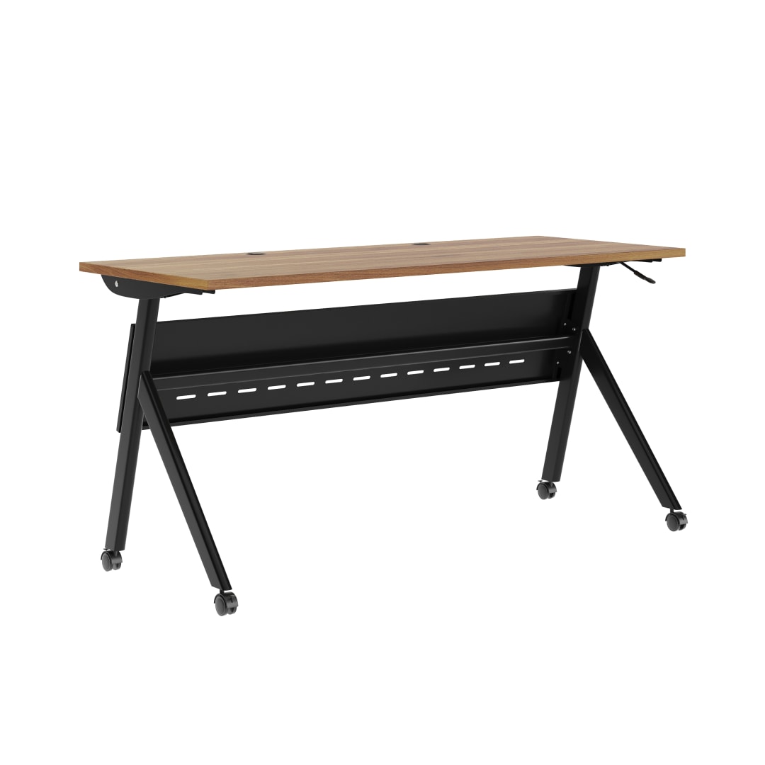 Davis Commercial Grade 60" x 24" Heavy-Duty Nesting Flip Training Table with Y-Legs, Modesty Panel, 1" Thick Walnut Tabletop, and Black Steel Frame