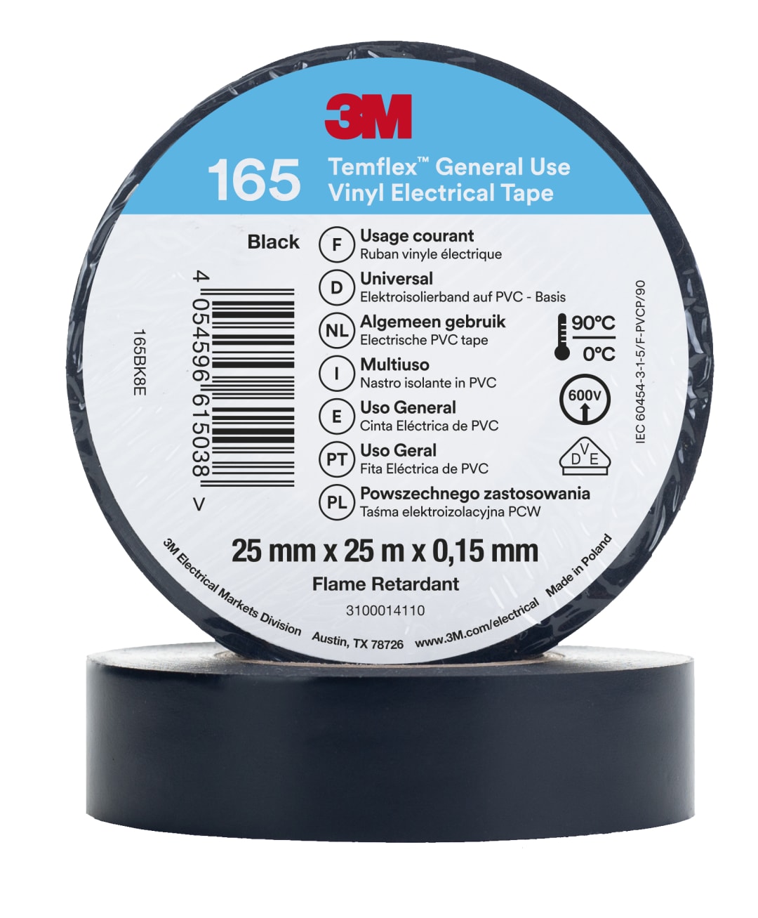 3M™ Temflex™ Vinyl Electrical Tape 165, Black, 25 mm x 25 m, 100 Rolls/Case