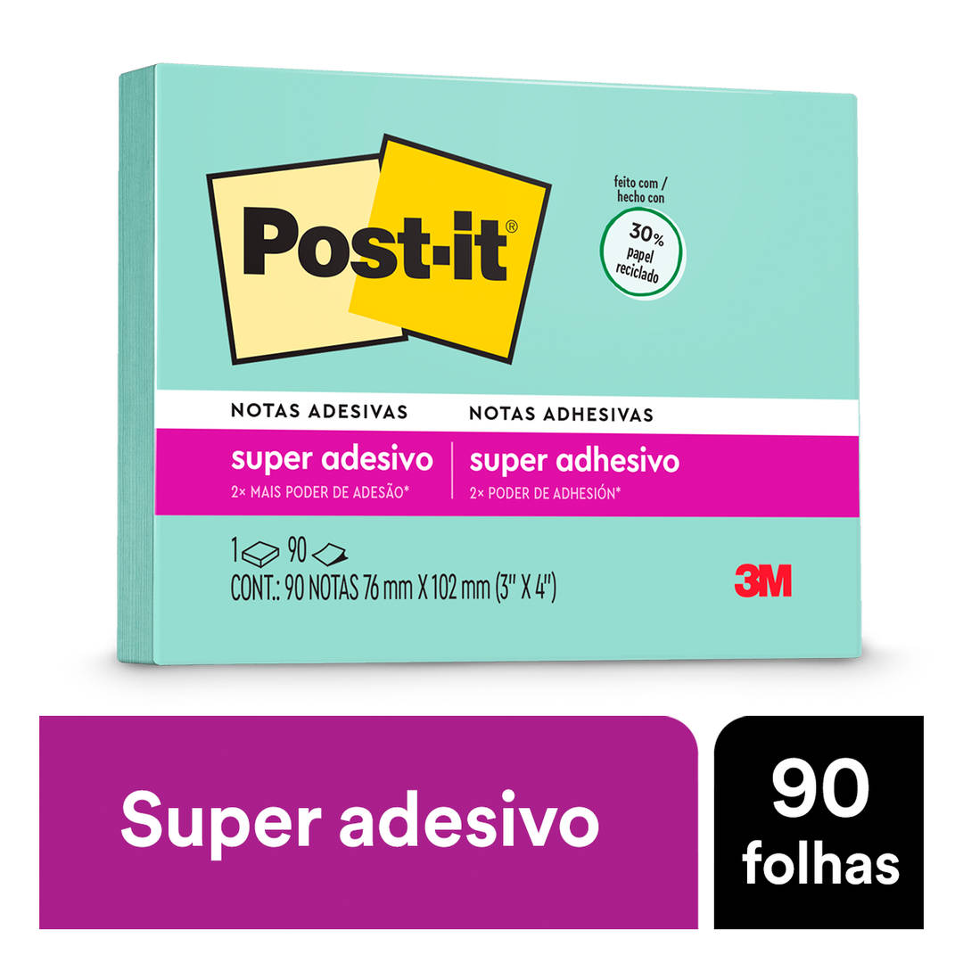 Bloco de Notas Super Adesivas Post-it®, Azul Aqua, 76 mm x 102 mm, 90 Folhas