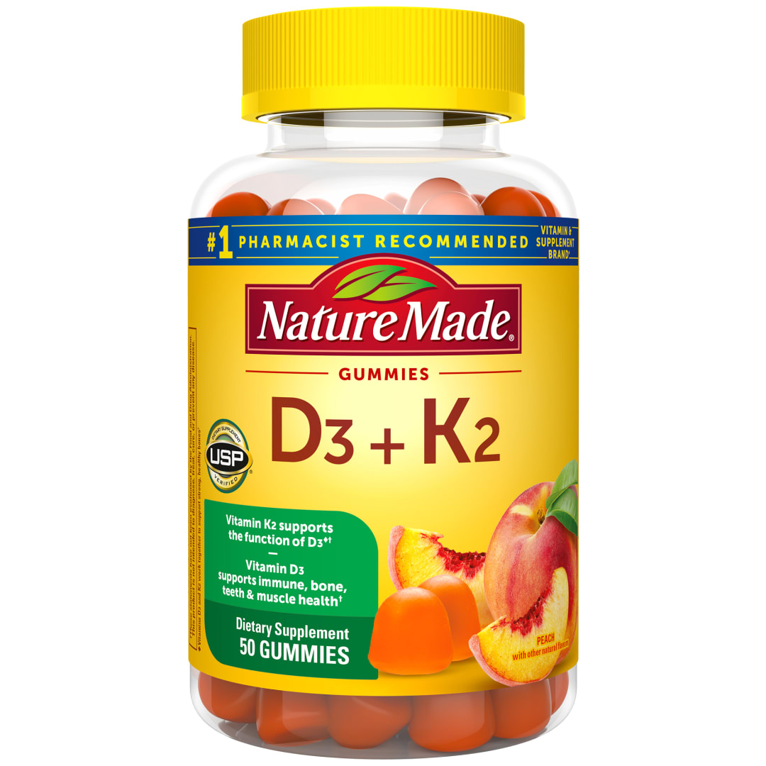 Nature Made Vitamin D3 K2 Gummies, Vitamin D 5000 IU per Serving, Peach Flavor, 50 Count