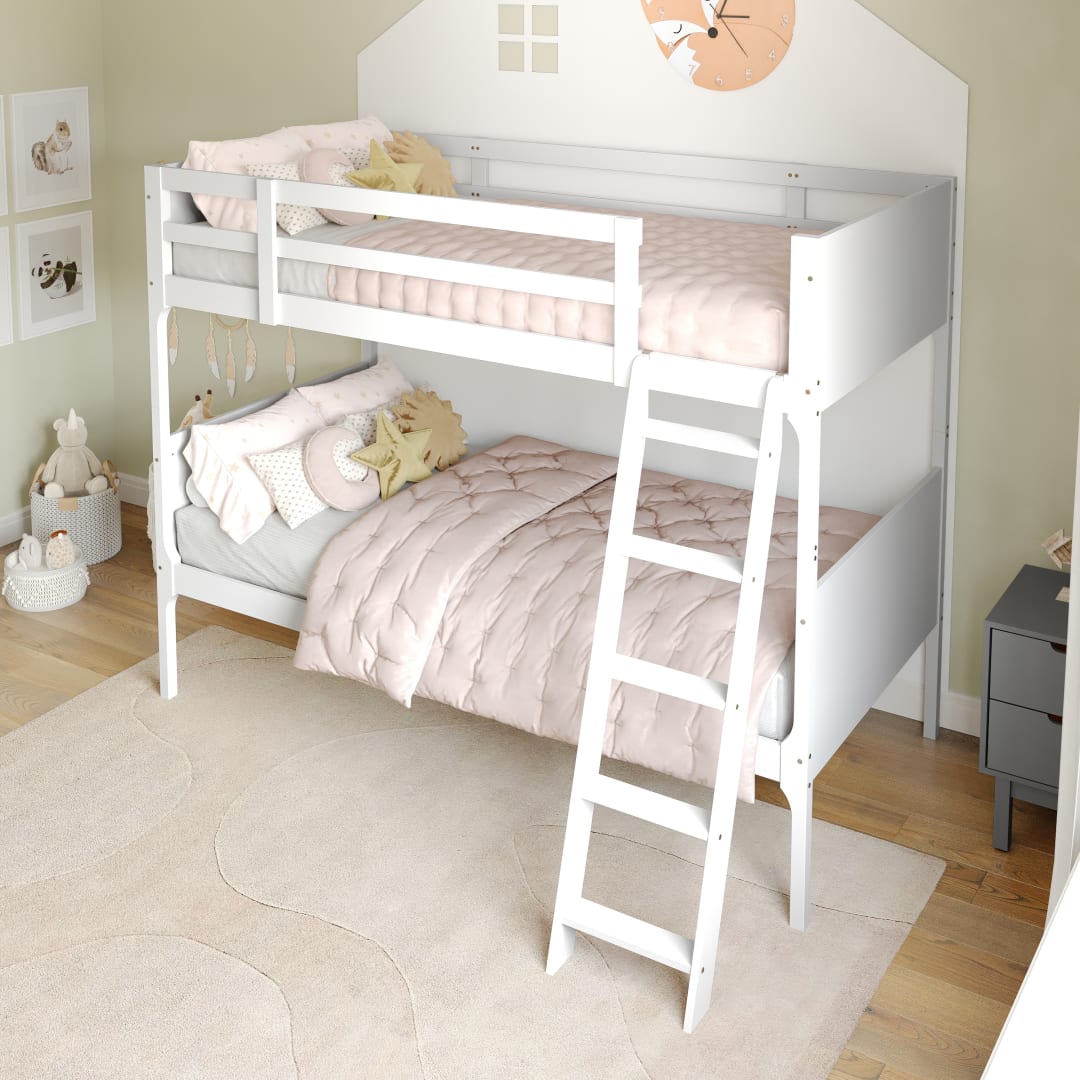Dallas Bunk Bed Twin Over Twin, Convertible Slatted Solid Wood Bunk Bed Frame with Ladder for Kids, No Box Spring Needed in White