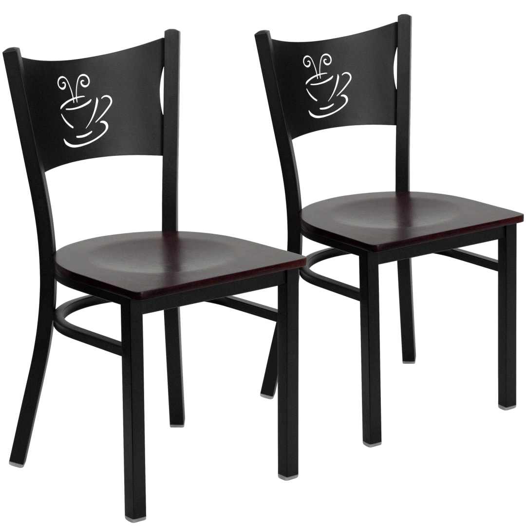 2 Pk. HERCULES Series Black Coffee Back Metal Restaurant Chair - Mahogany Wood Seat